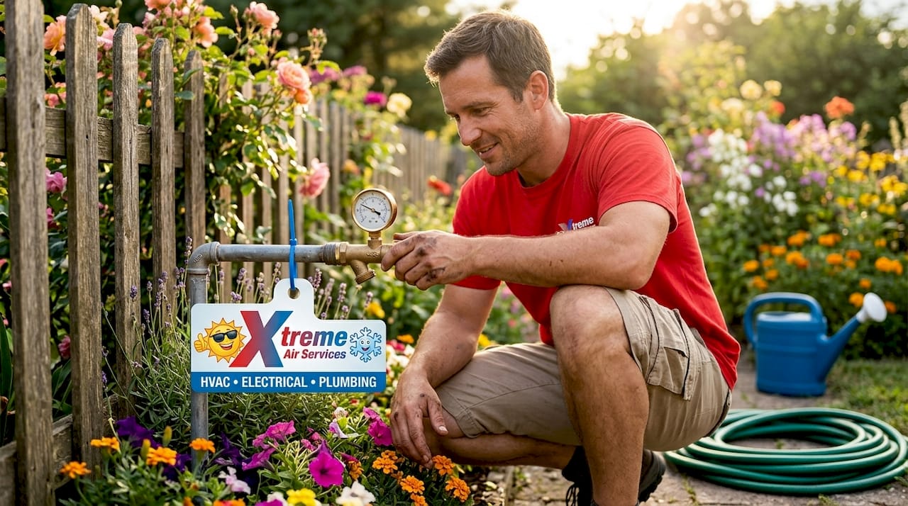 Man checks water pressure at outdoor hose bib