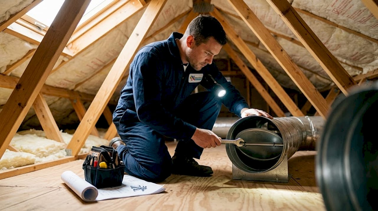 HVAC technician adjusting duct damper in basement
