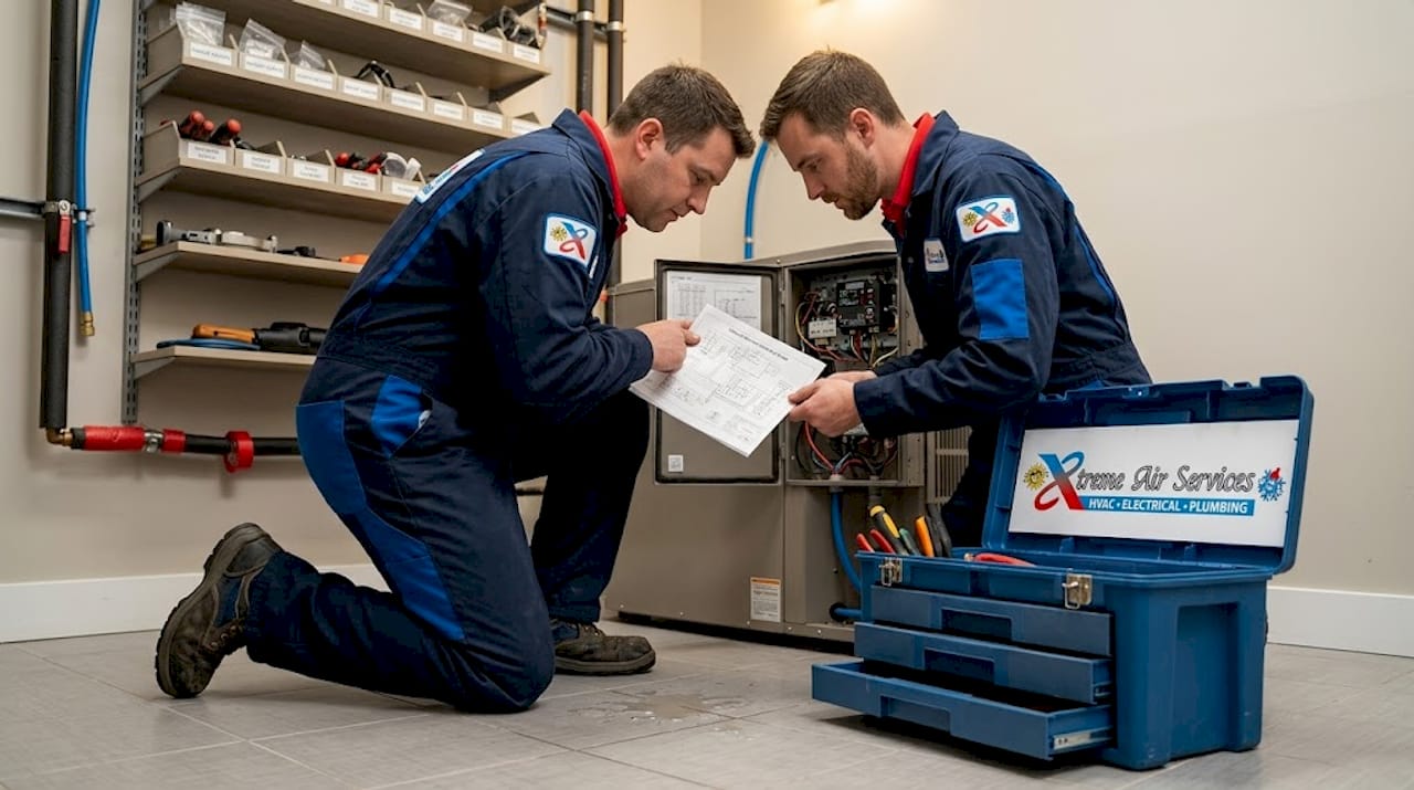 Technician working with heat pump system indoors