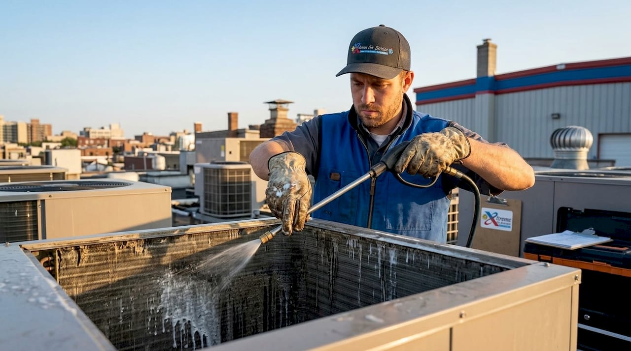 Technician cleaning dirty HVAC condenser coil