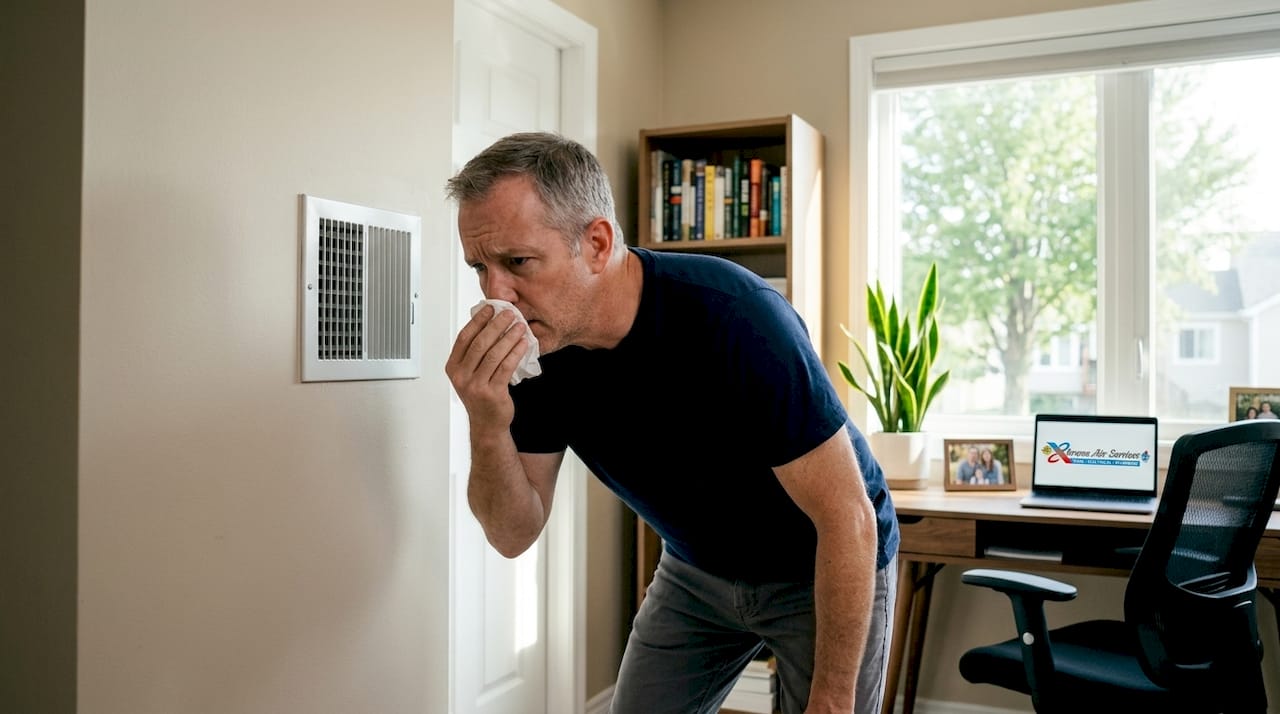 Homeowner checking vent odor in living room