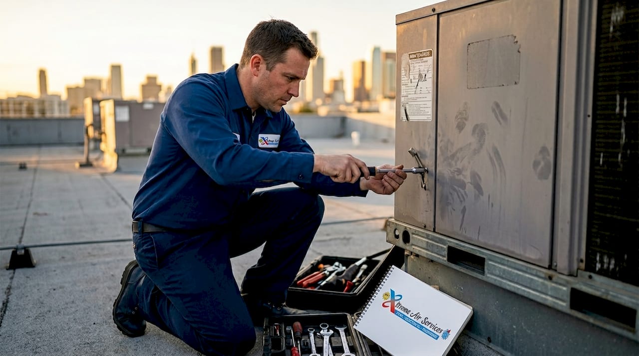 Technician adjusting rooftop HVAC unit damper