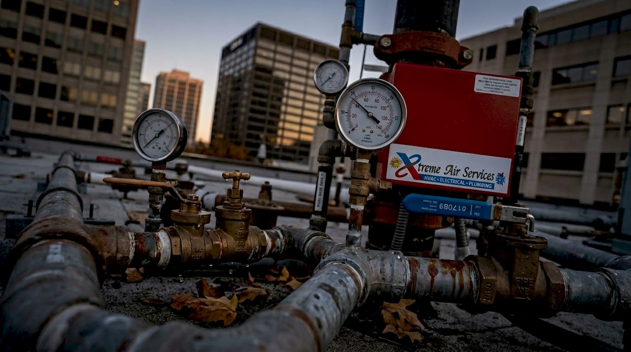 Complex fire suppression plumbing system on rooftop