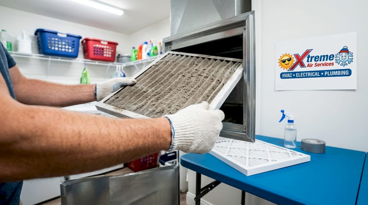 Hands replacing furnace air filter close-up