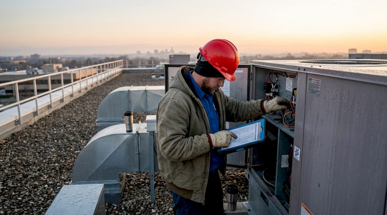 Technician inspecting rooftop HVAC unit