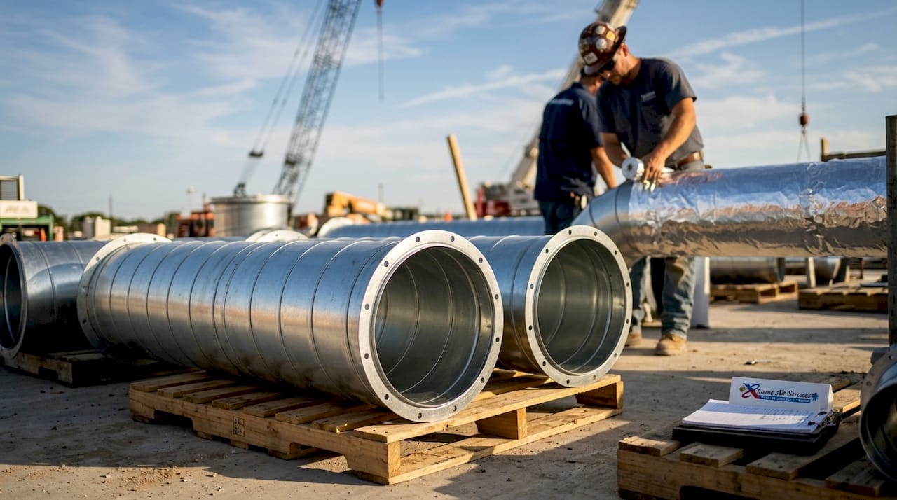 Galvanized steel duct segments at construction site