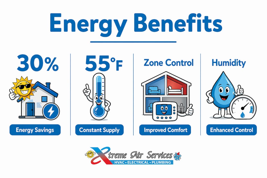 Infographic illustrating VAV system energy and comfort benefits