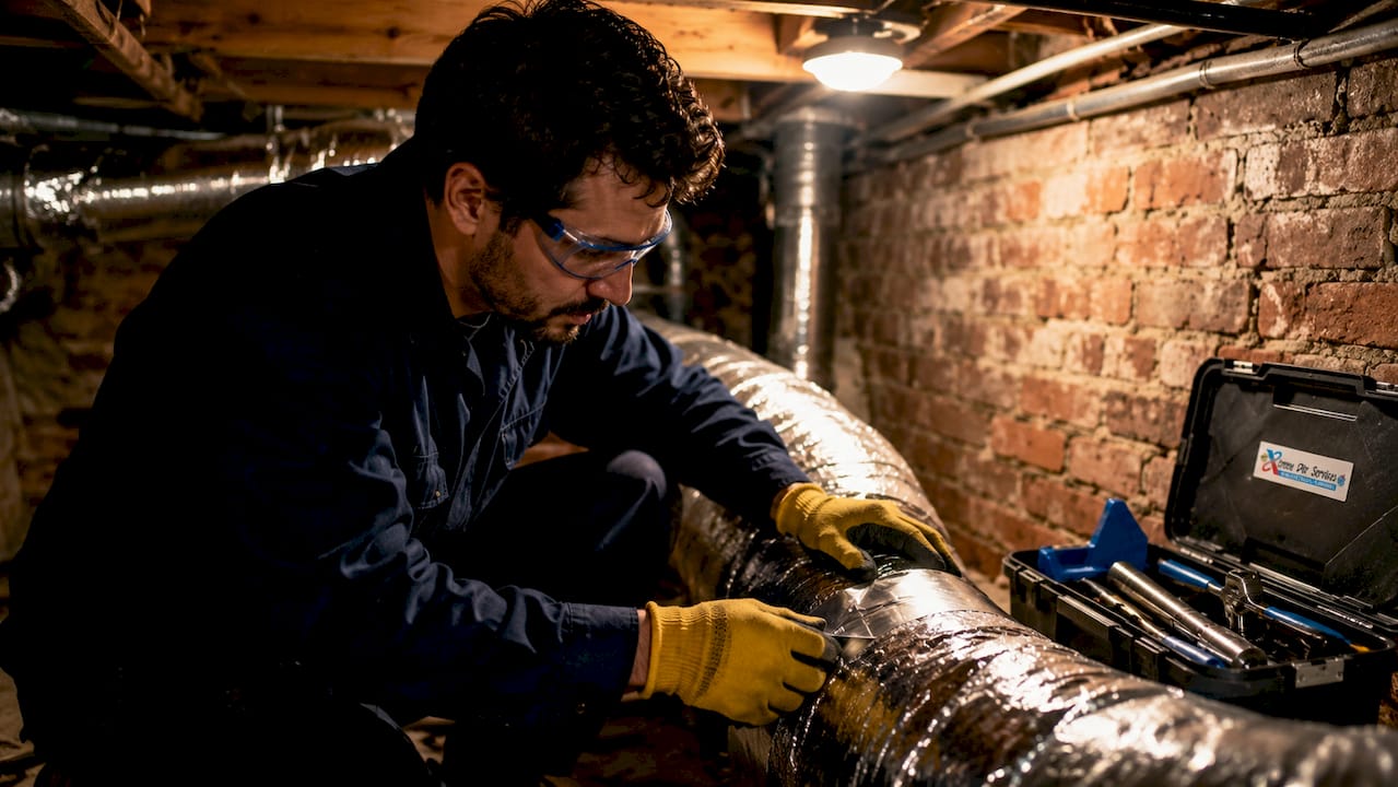 HVAC technician sealing ducts in attic