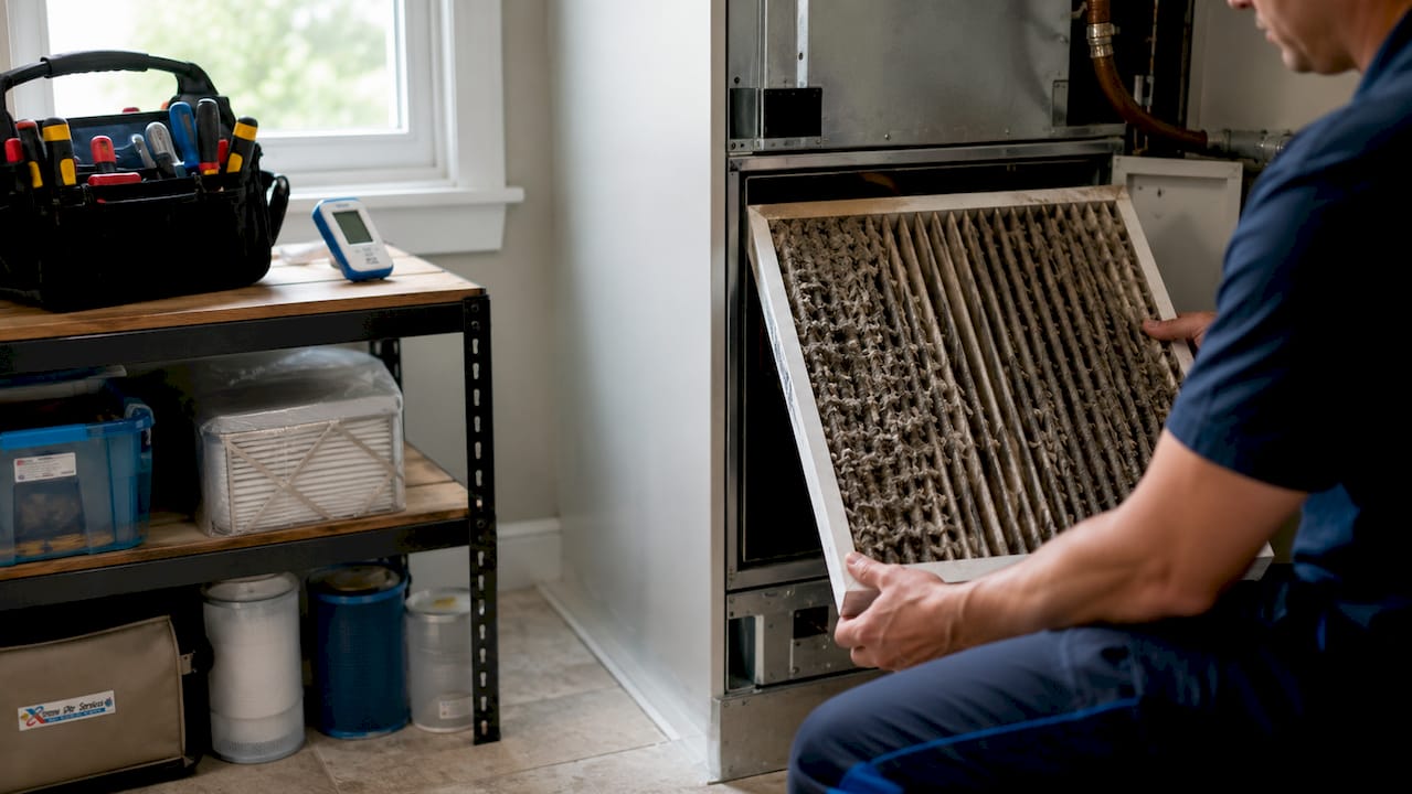 Technician replacing dirty air filter in HVAC