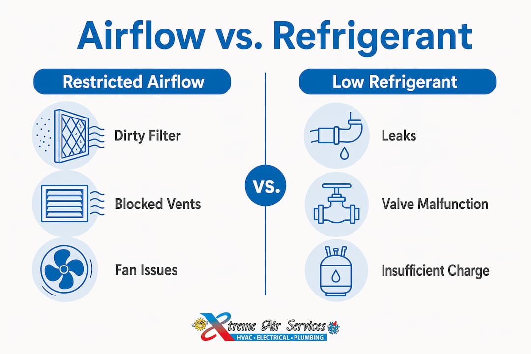 Infographic comparing airflow and refrigerant causes of AC freezing