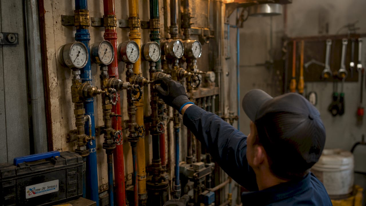 Technician adjusting pressure zone valves indoors