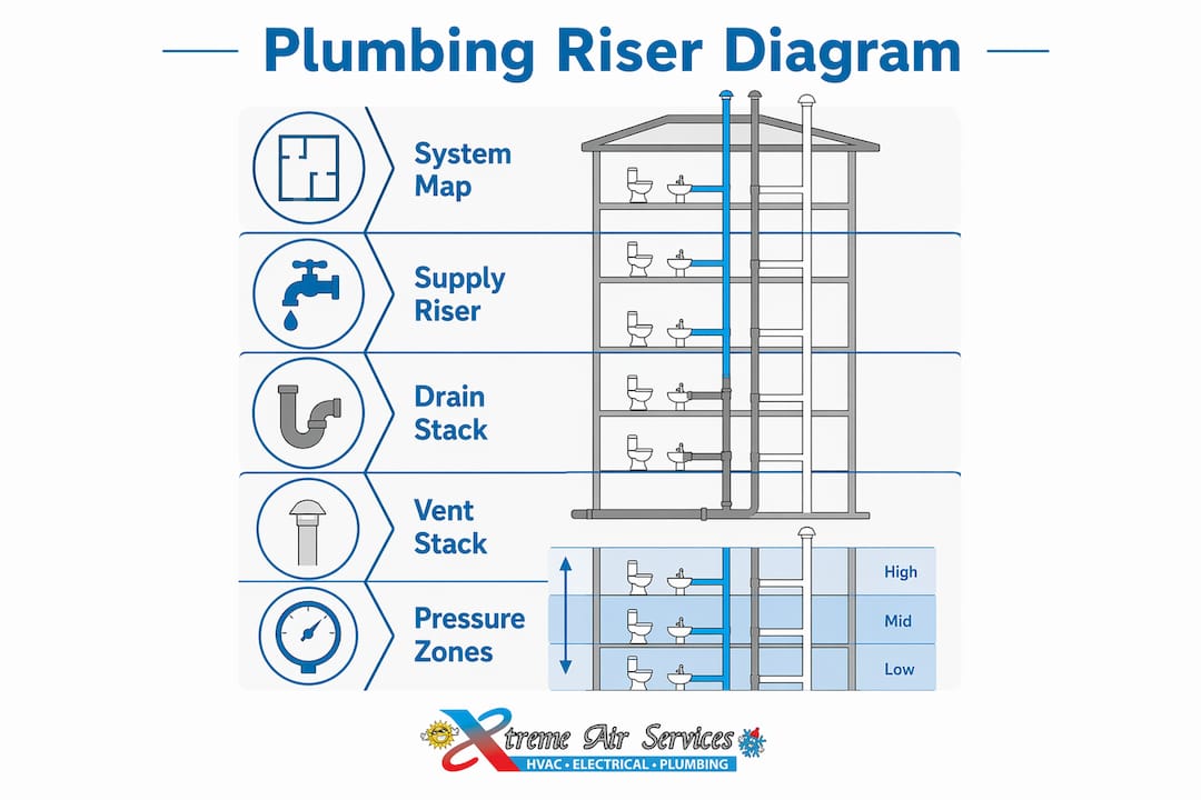 Infographic explaining plumbing riser diagram components