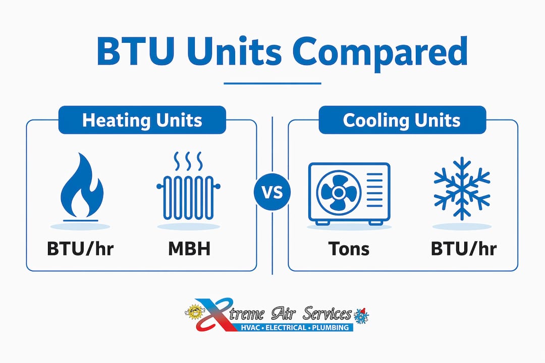 Infographic comparing BTU heating and cooling units