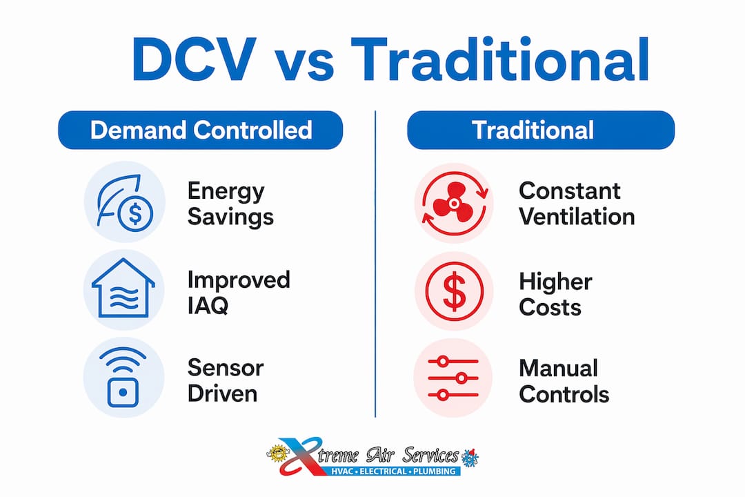 Infographic comparing demand controlled ventilation and traditional systems