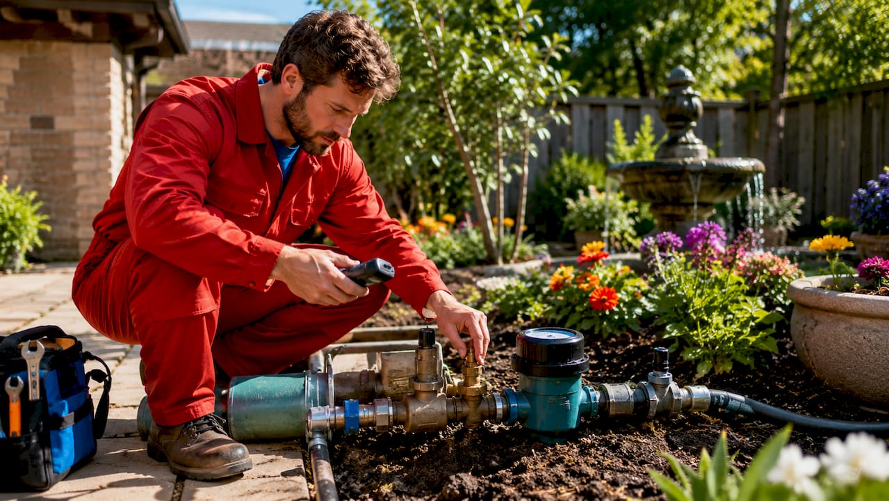 Plumber inspecting outdoor backflow prevention device