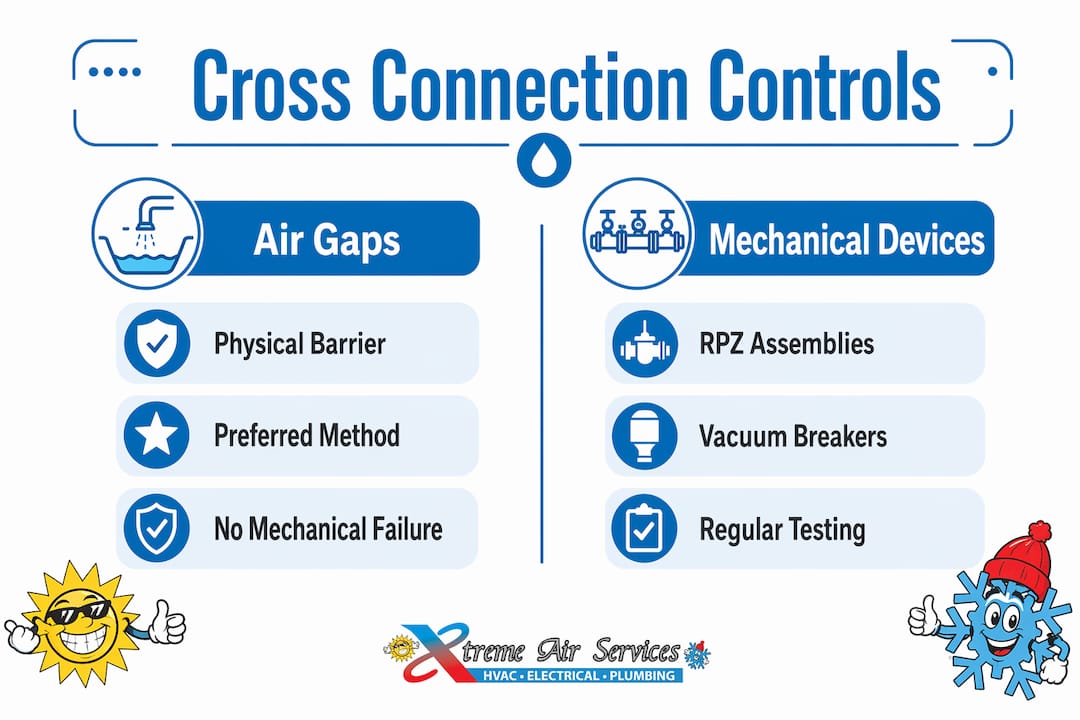 Infographic comparing air gaps and mechanical devices for plumbing control