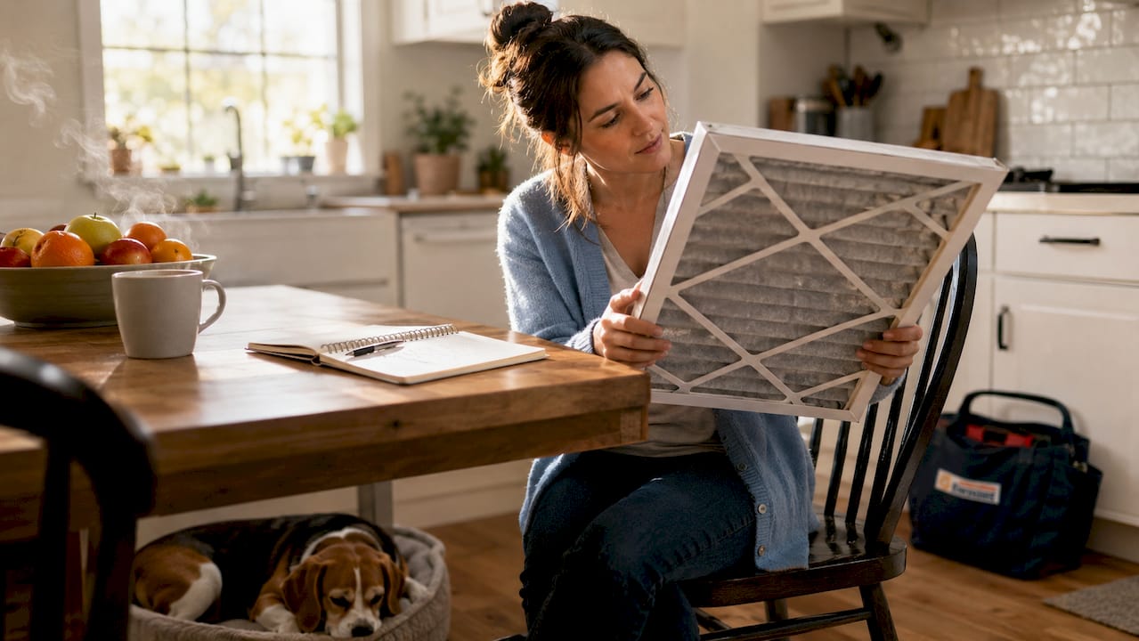 Woman checking pleated HVAC filter indoors