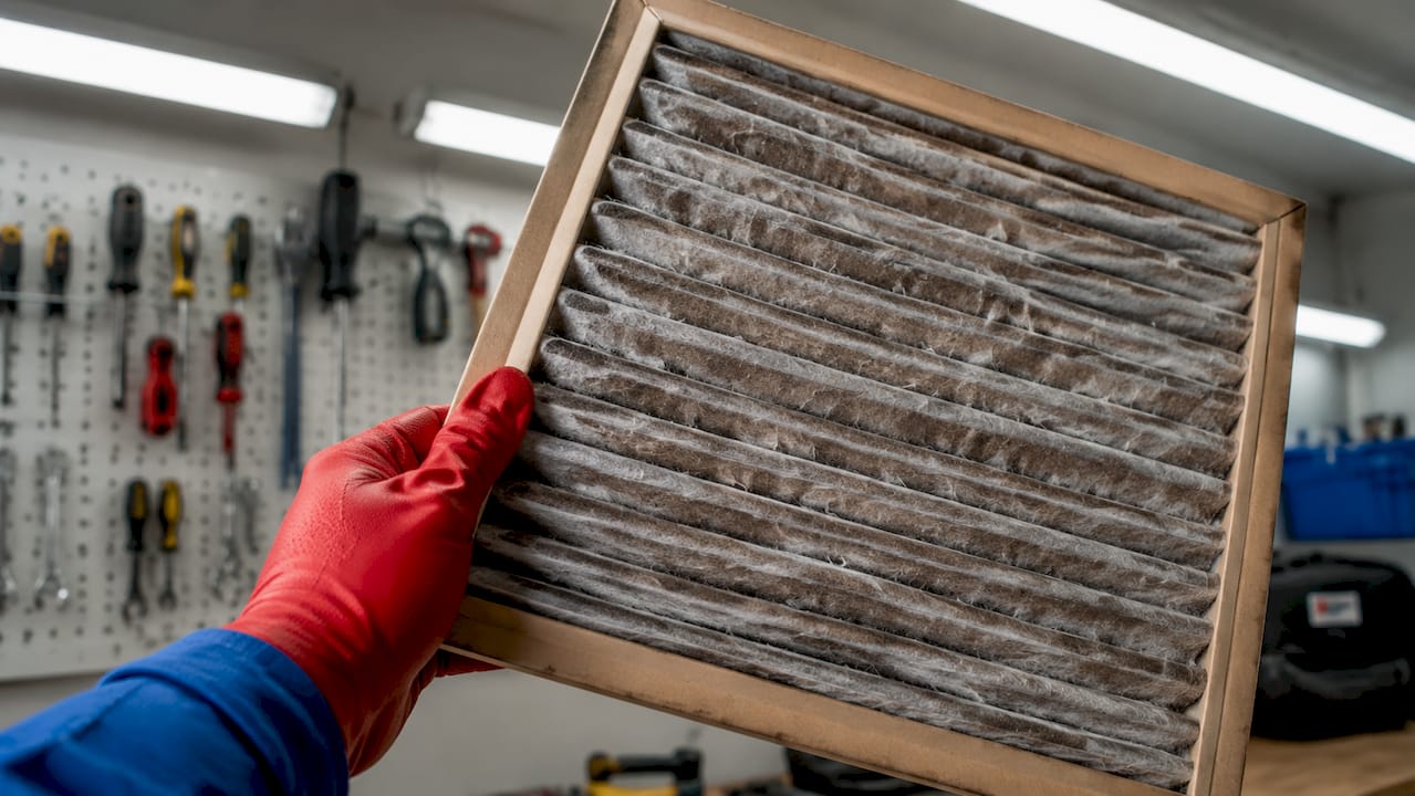 Close-up of fiberglass home air filter in hand