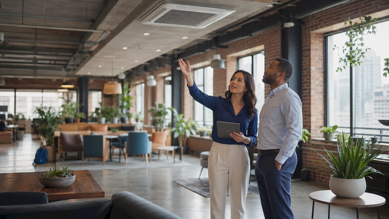 Two business managers discussing office air ventilation