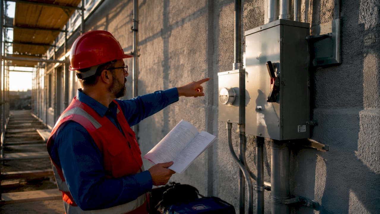 Inspector reviewing NEC code near service disconnect