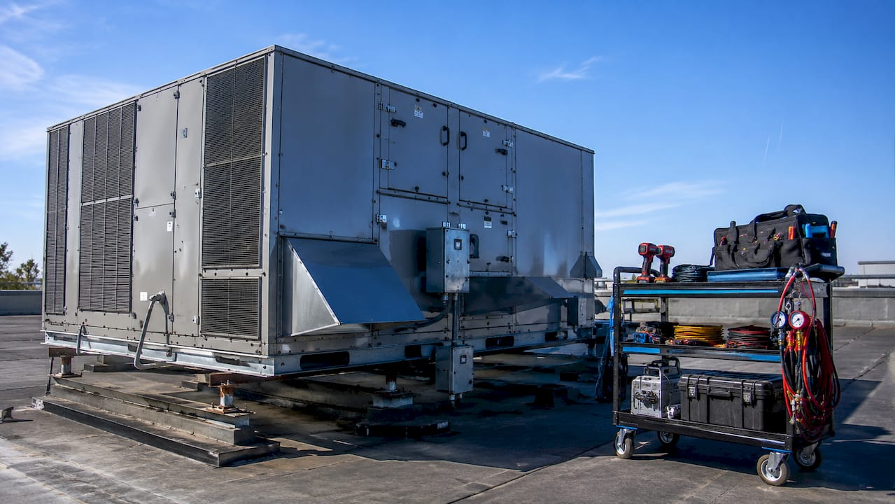 Close-up of rooftop unit internal HVAC components