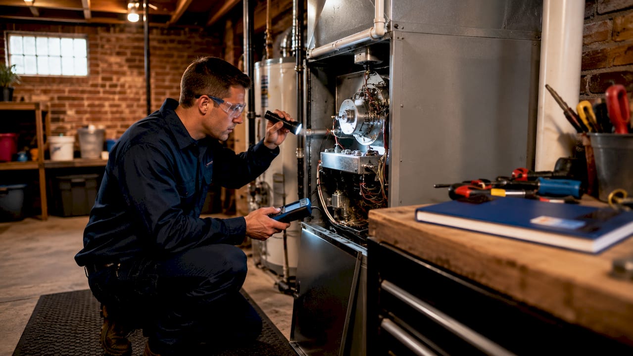 Technician inspecting home furnace in basement