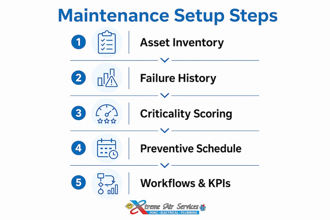 Infographic showing five key steps in maintenance plan setup