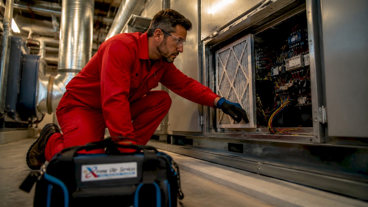 Technician inspecting air handling unit interior