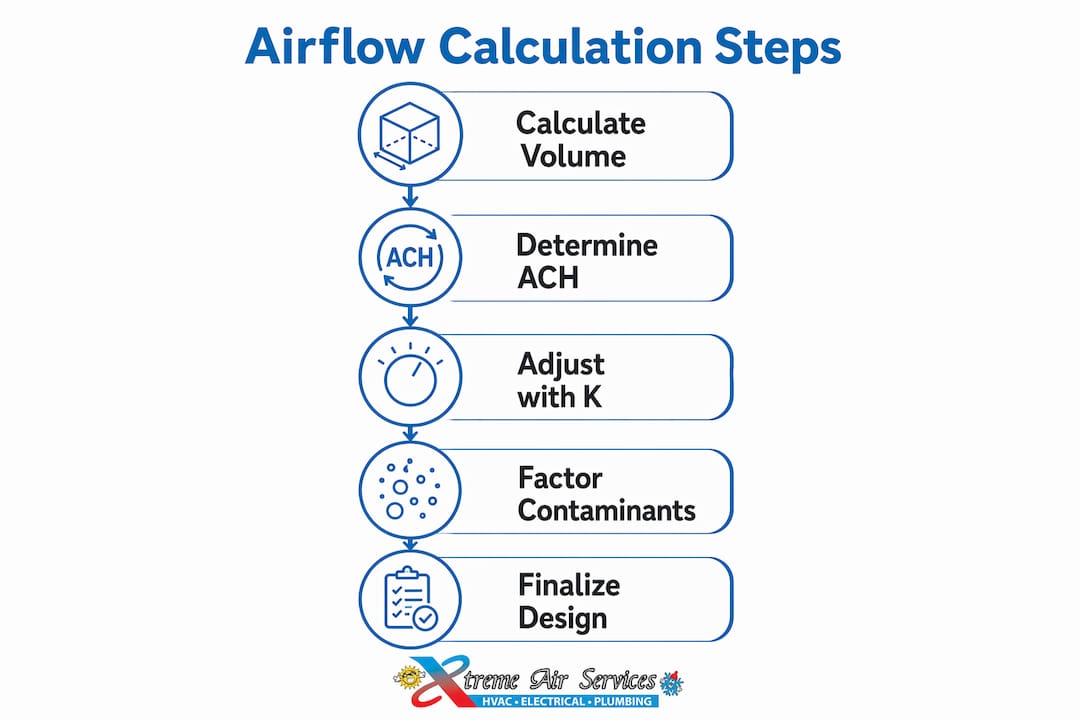 Infographic illustrating industrial ventilation system setup and airflow calculation steps