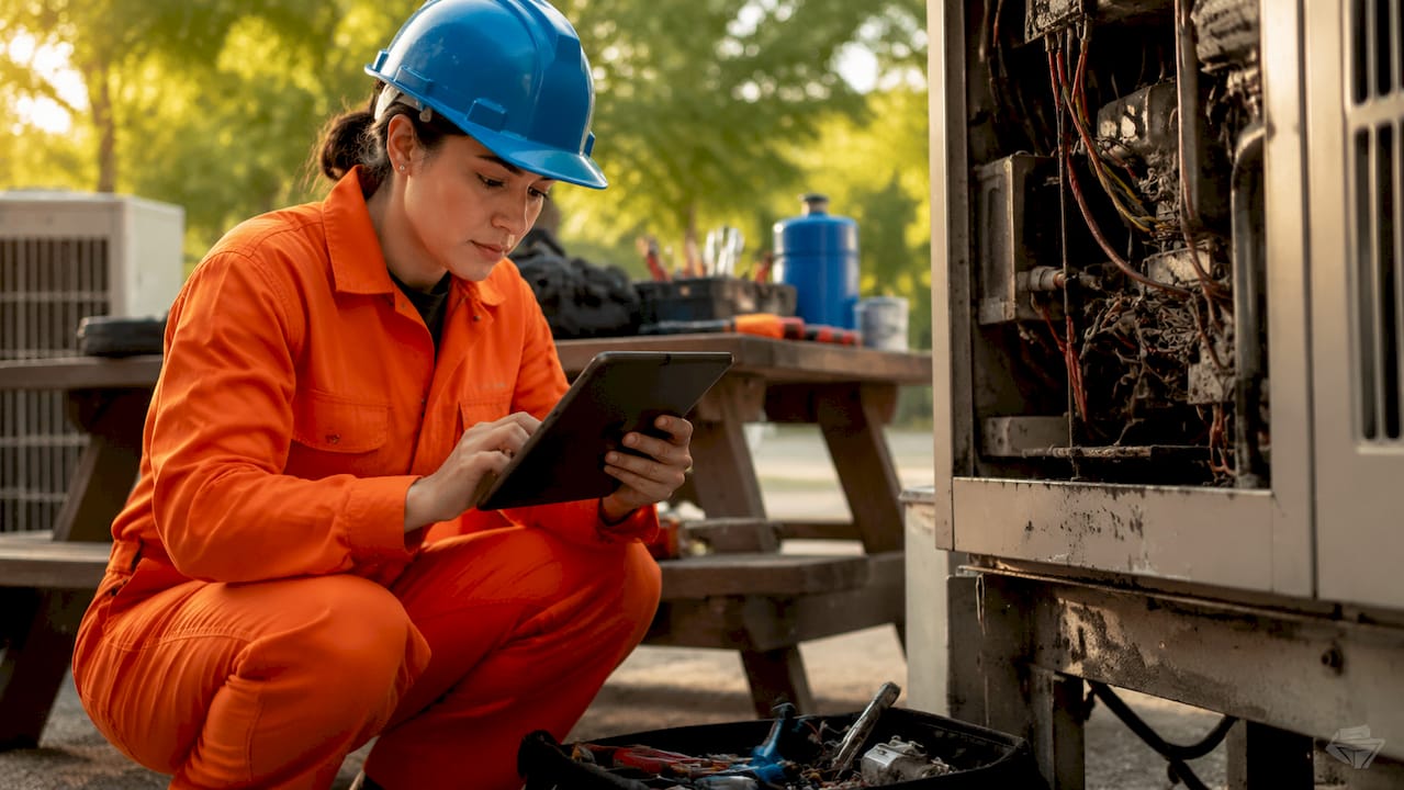 Technician inspecting broken equipment in warehouse