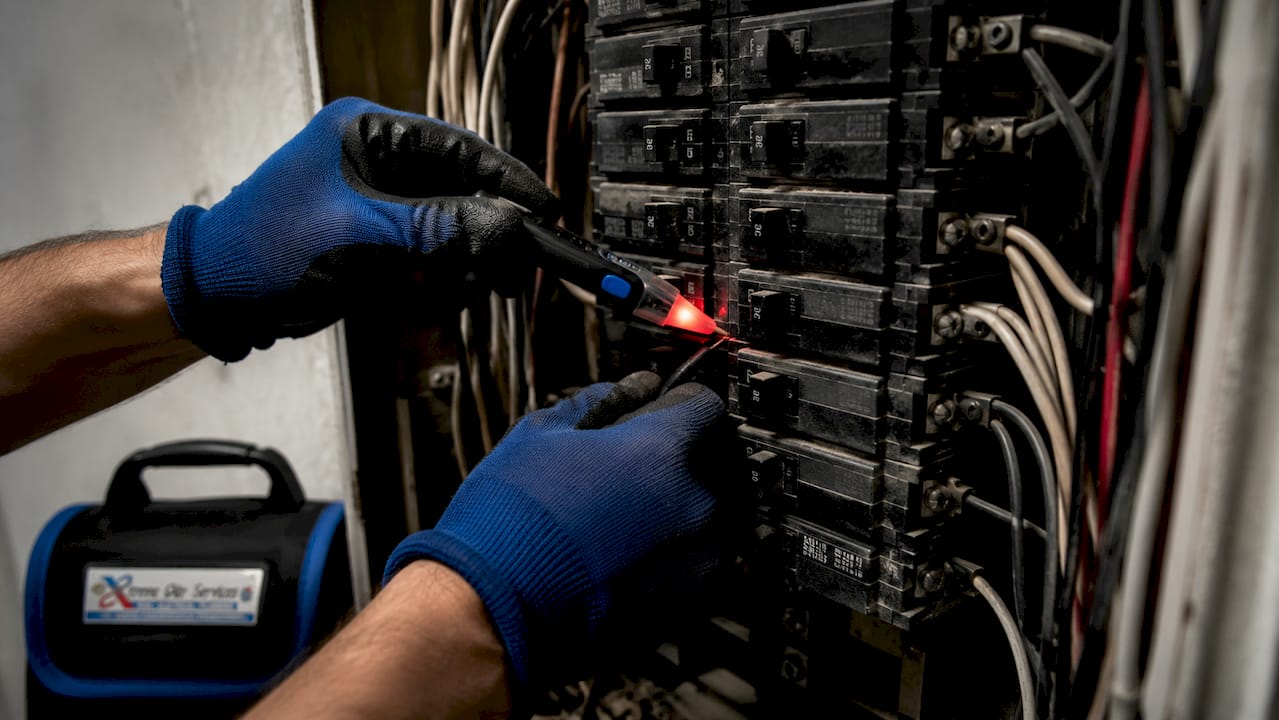 Technician testing breakers in electrical panel