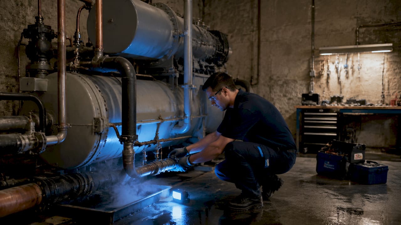 Close-up of technician adjusting chiller unit valve
