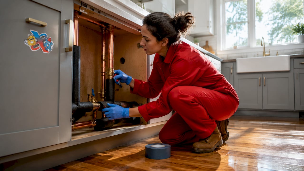 Hands installing pipe insulation under kitchen cabinet