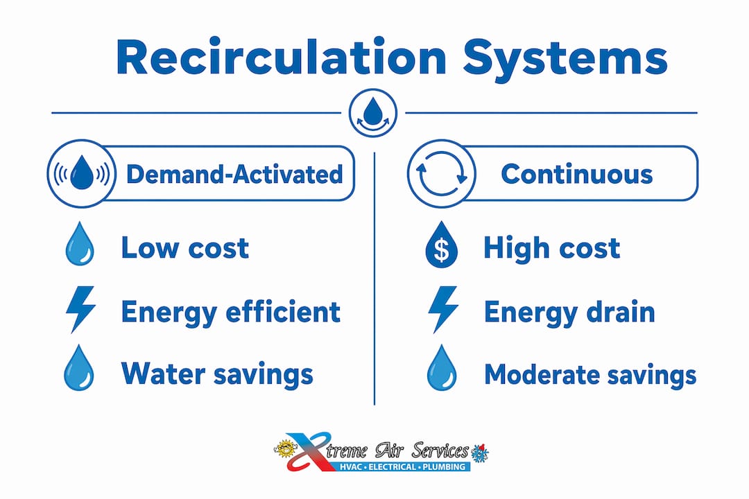Infographic comparing demand-activated versus continuous recirculation types