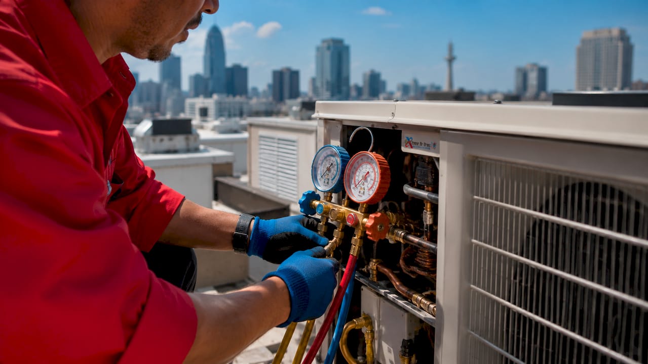 Technician connecting gauges on compressor unit outdoors