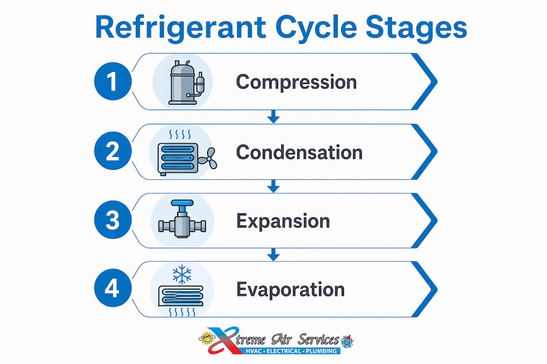 Infographic showing four stages of the refrigerant cycle
