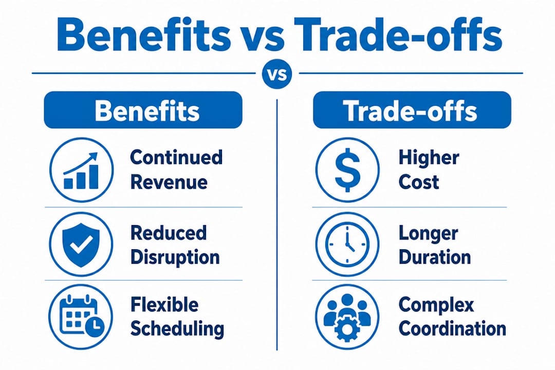 Infographic comparing benefits and trade-offs of phased renovation