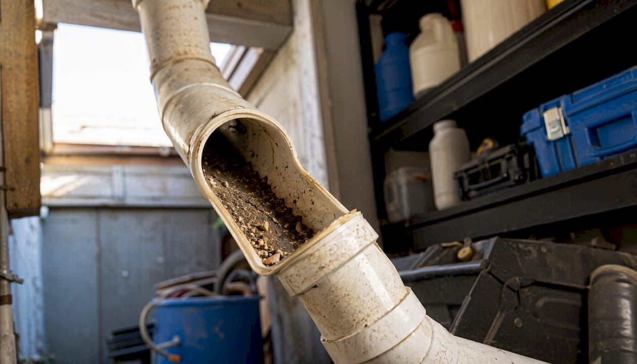 Clogged drain pipe showing sediment buildup inside