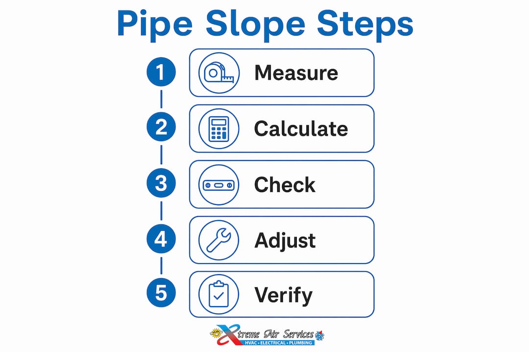 Infographic showing steps to measure and calculate pipe slope