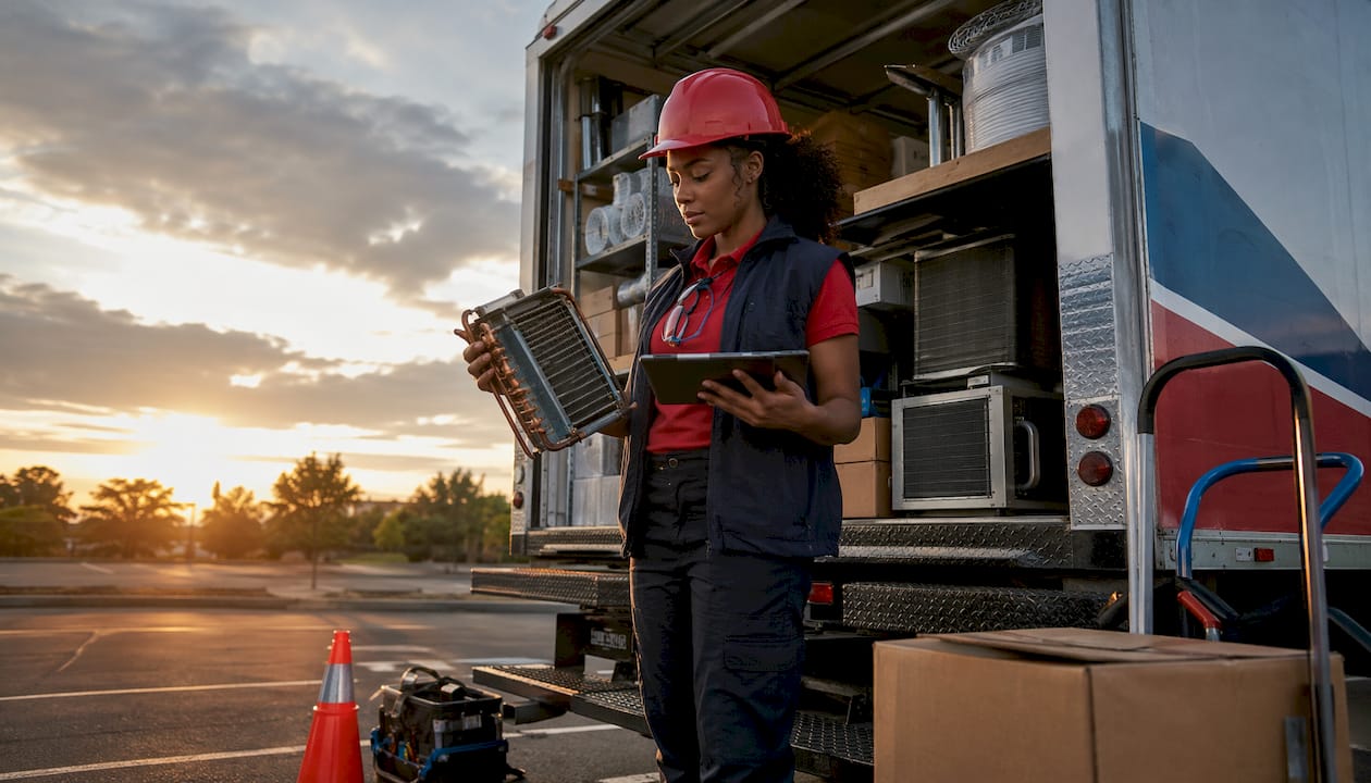 Technician inspecting HVAC parts in warehouse