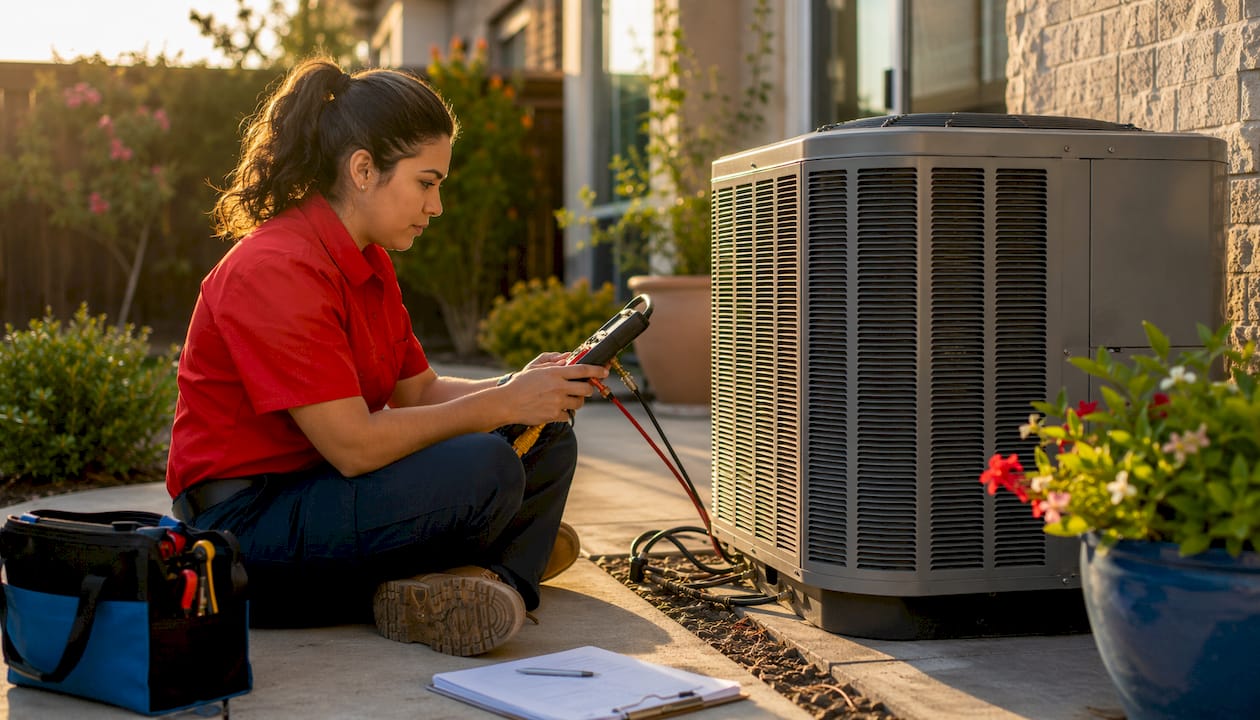 HVAC technician inspecting AC unit outdoors