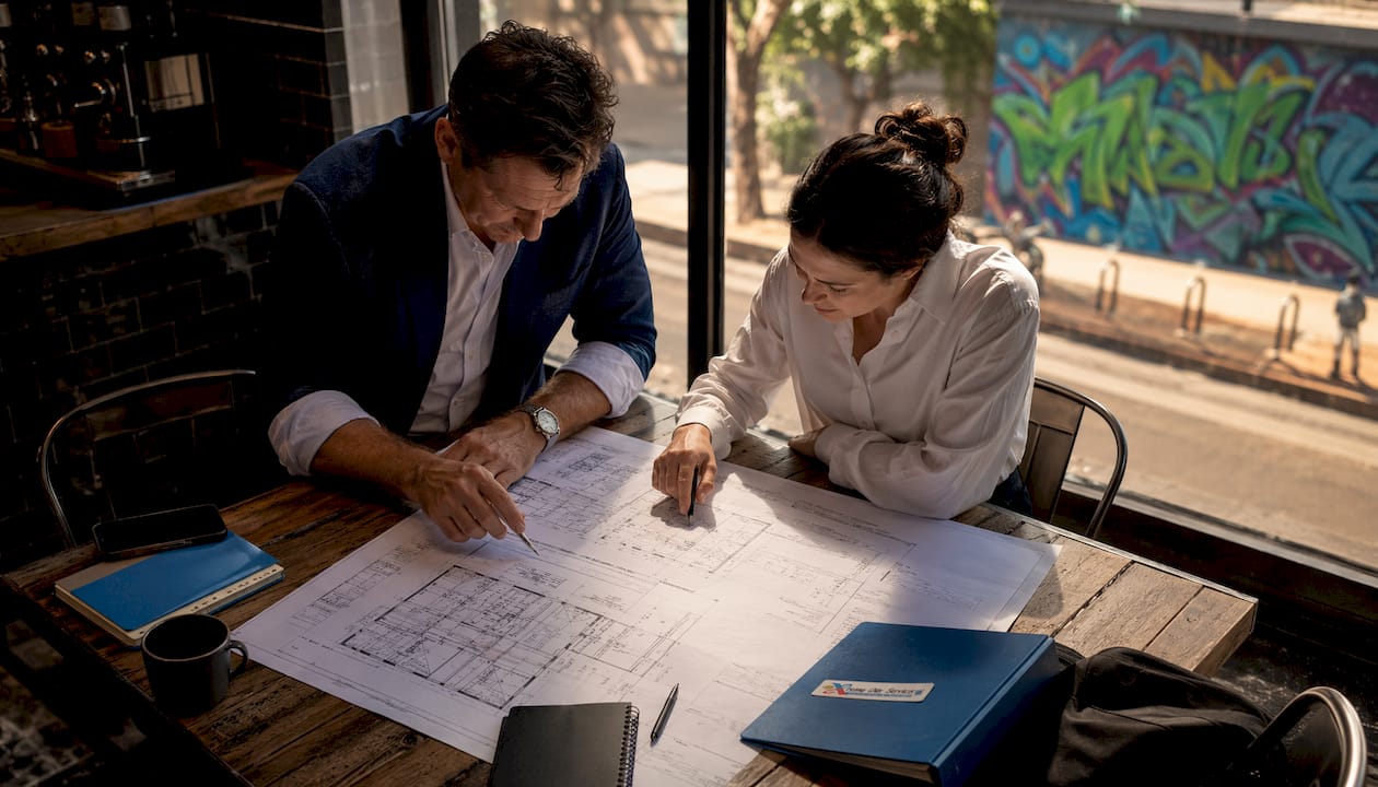 Architect and engineer reviewing blueprints together