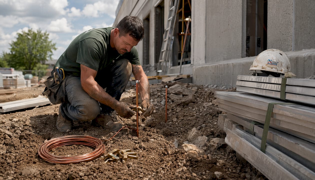 Electrician hands installing grounding rods outdoors