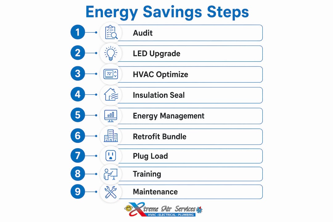 Infographic illustrating steps to reduce commercial energy costs
