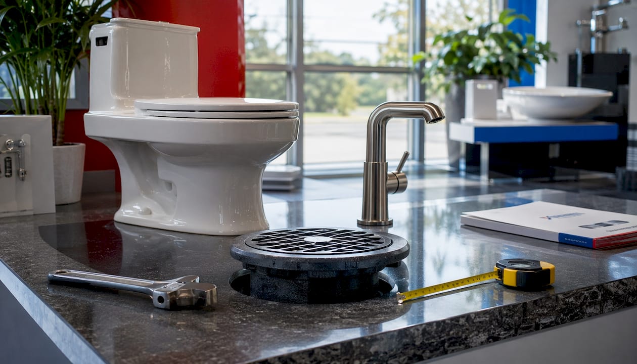 Close-up of commercial plumbing fixtures on workbench