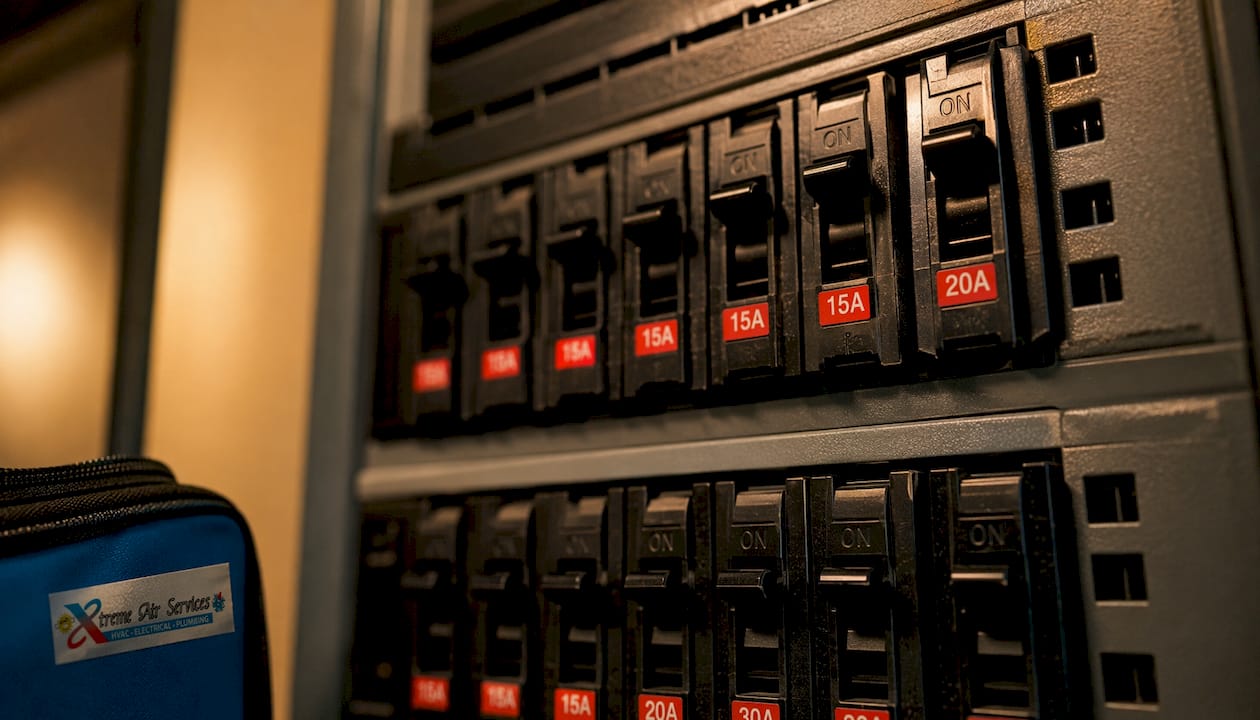 Close-up of home circuit breakers and amperage labels