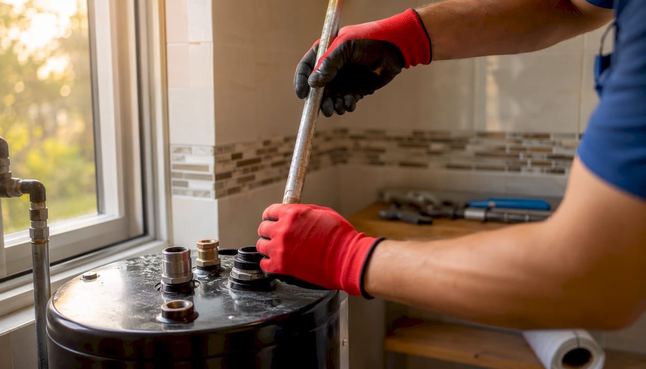Hands removing aluminum anode rod from water heater