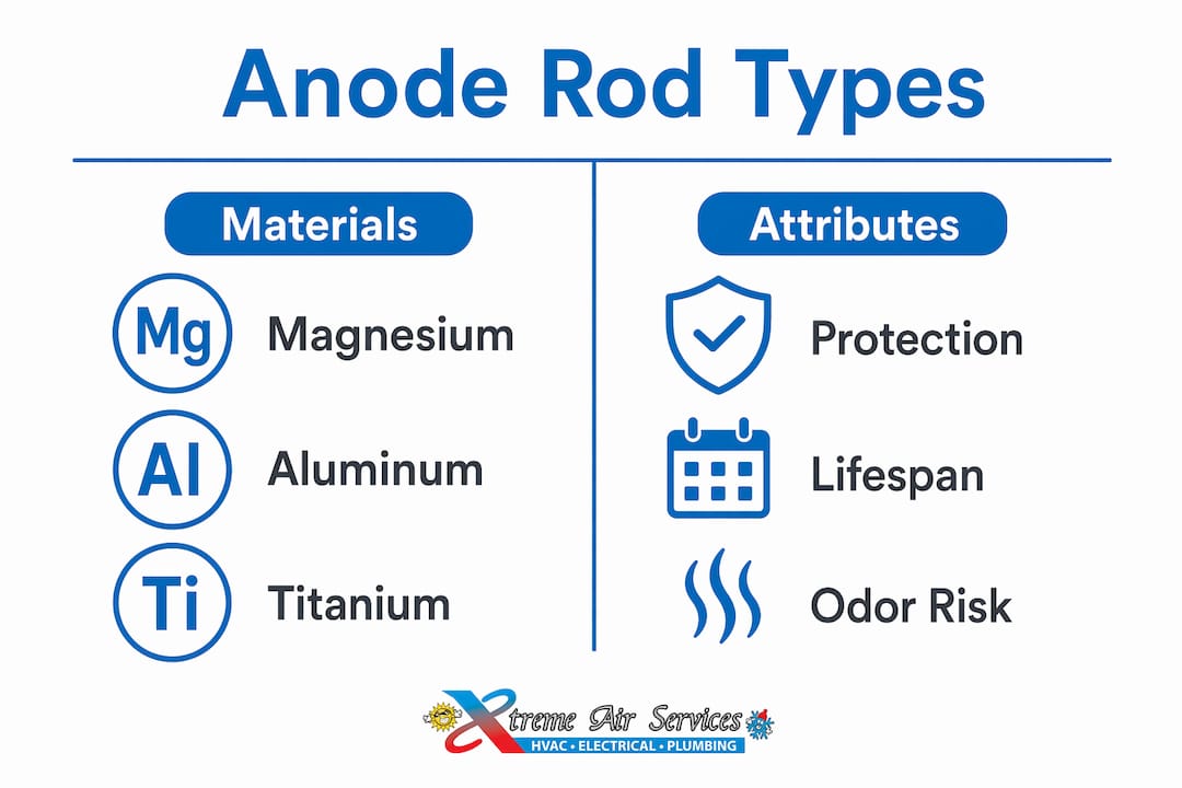 Infographic comparing anode rod materials and attributes