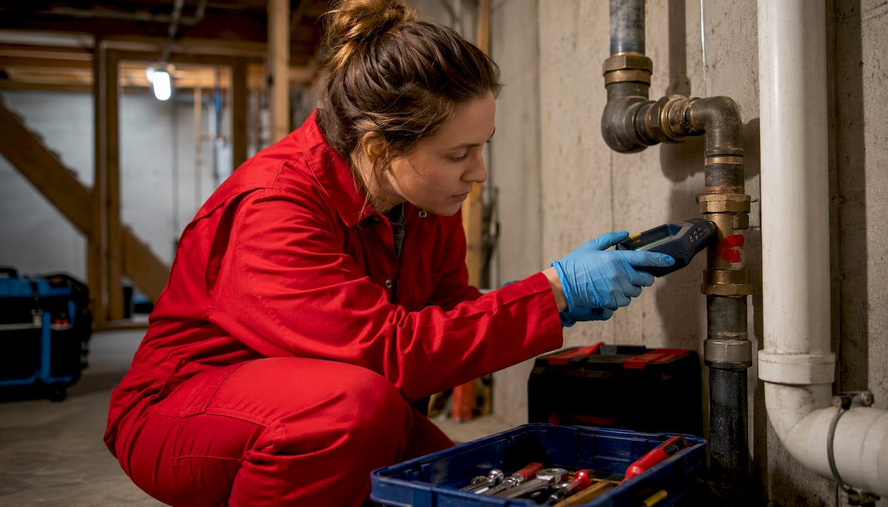 Close-up of pipe corrosion inspection with tools