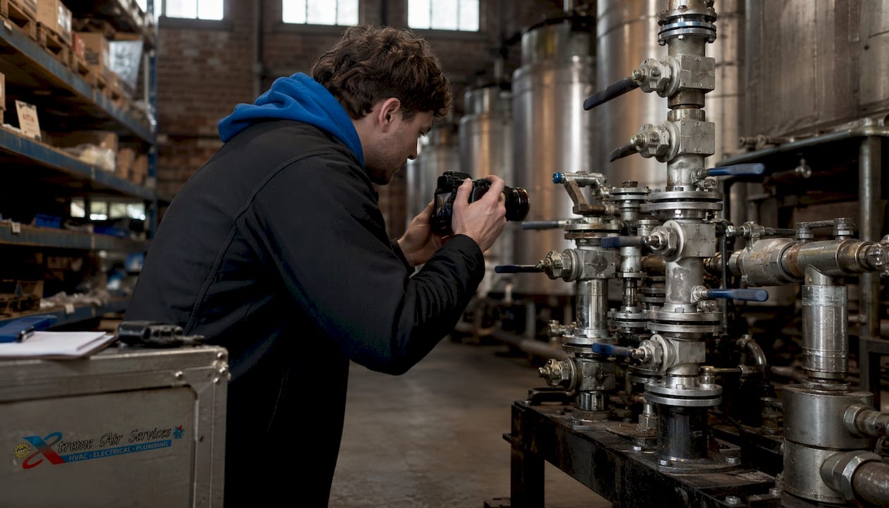 Facilities manager documenting commercial valves